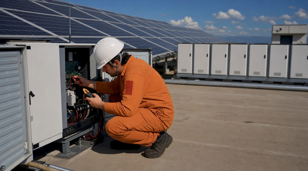 Technician inspecting battery storage at solar site