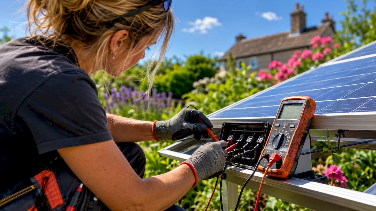Hands testing solar panel junction box voltage safely