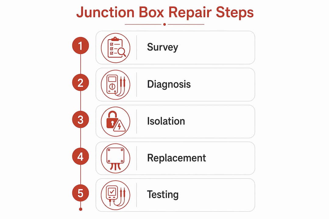 Infographic showing step-by-step solar panel junction box repair process