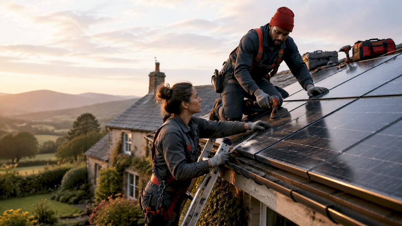 Solar installers mounting panels on rural ground