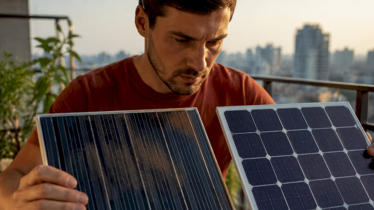 Technician comparing two solar panel samples outdoors