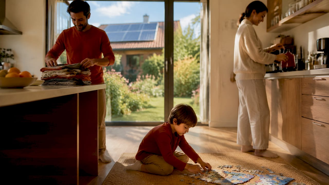 Family using appliances during peak solar hours in kitchen