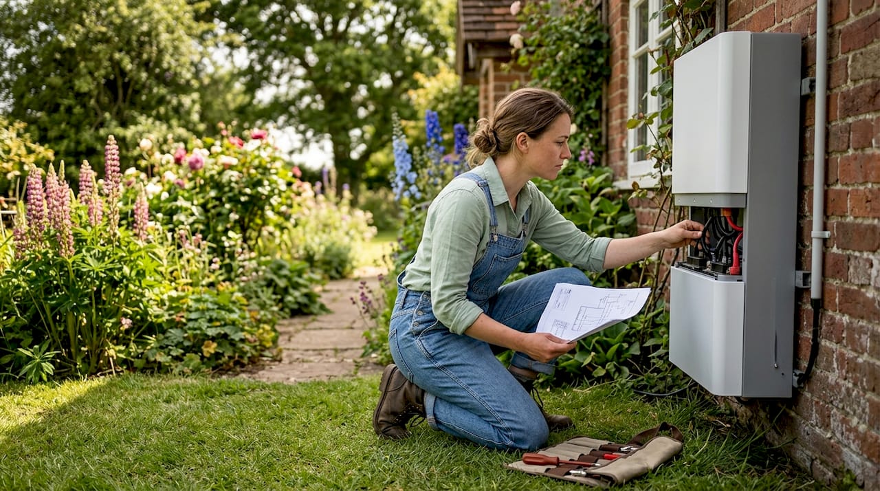 Electrician reviewing home solar battery installation indoors