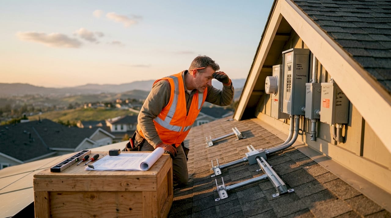 Construction supervisor inspecting solar readiness on roof