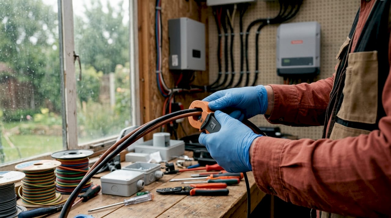 Hands testing CT clamp on solar cable