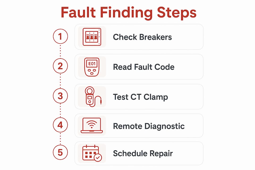 Infographic detailing solar fault finding steps
