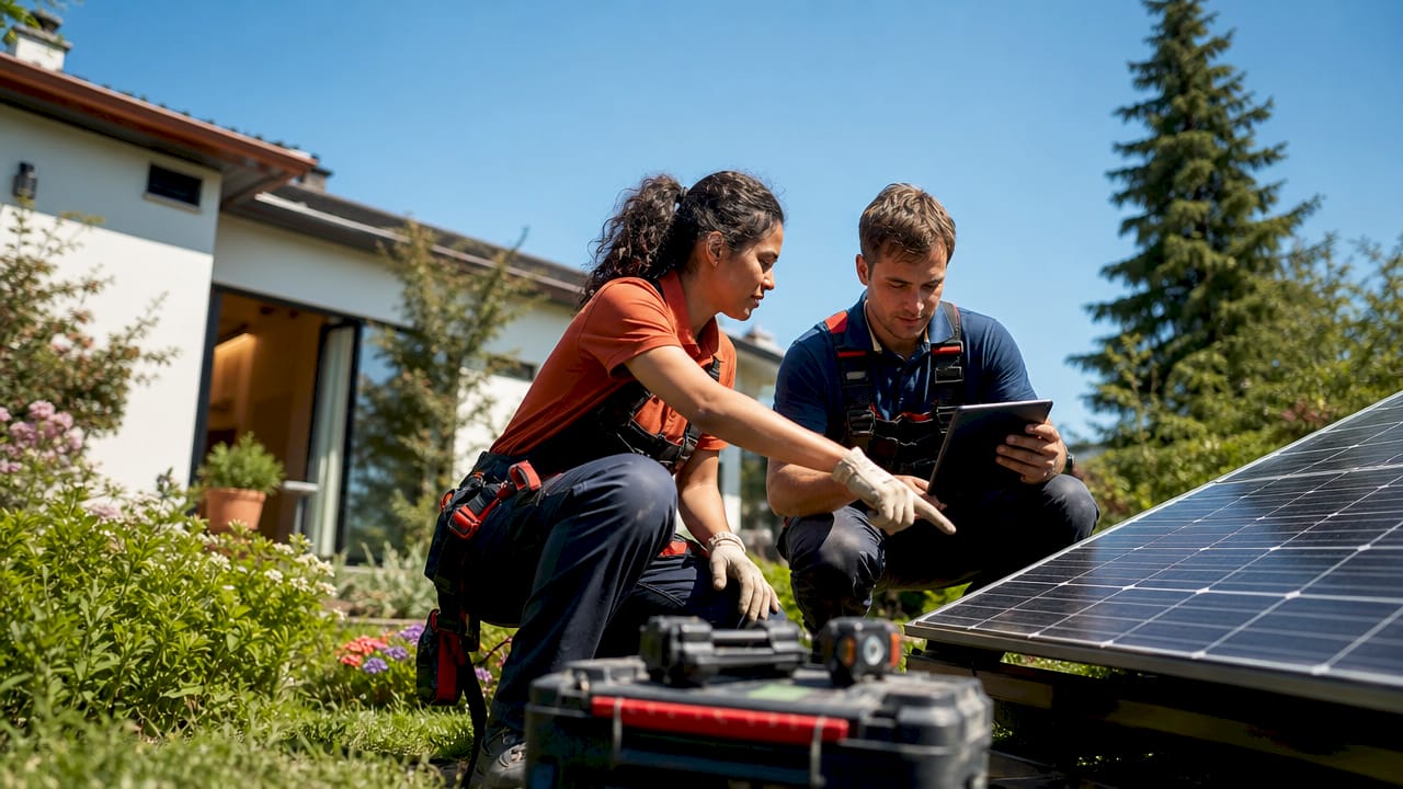 Diverse installers discussing solar panel installation on roof