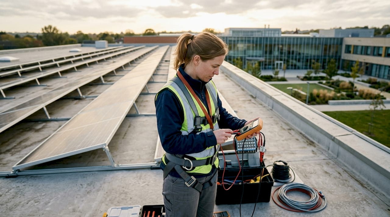Technician testing rooftop solar panels