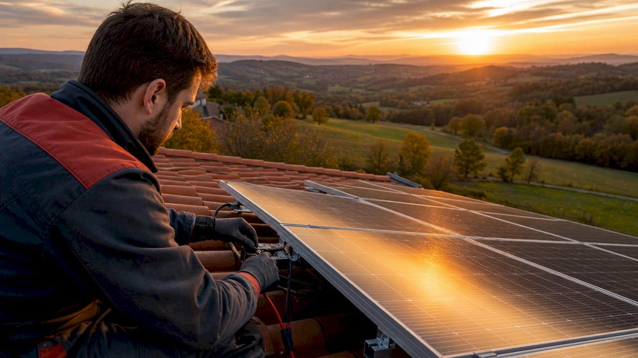 Technician testing solar panel electrical output