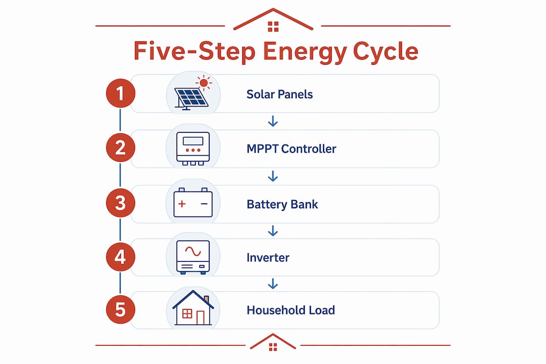 Infographic illustrating five-step off-grid solar energy cycle