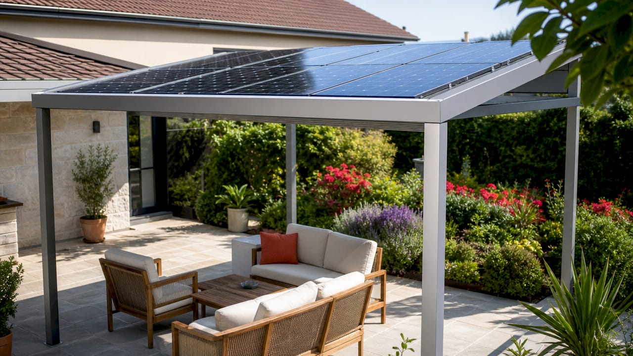 Modern solar pergola in backyard afternoon