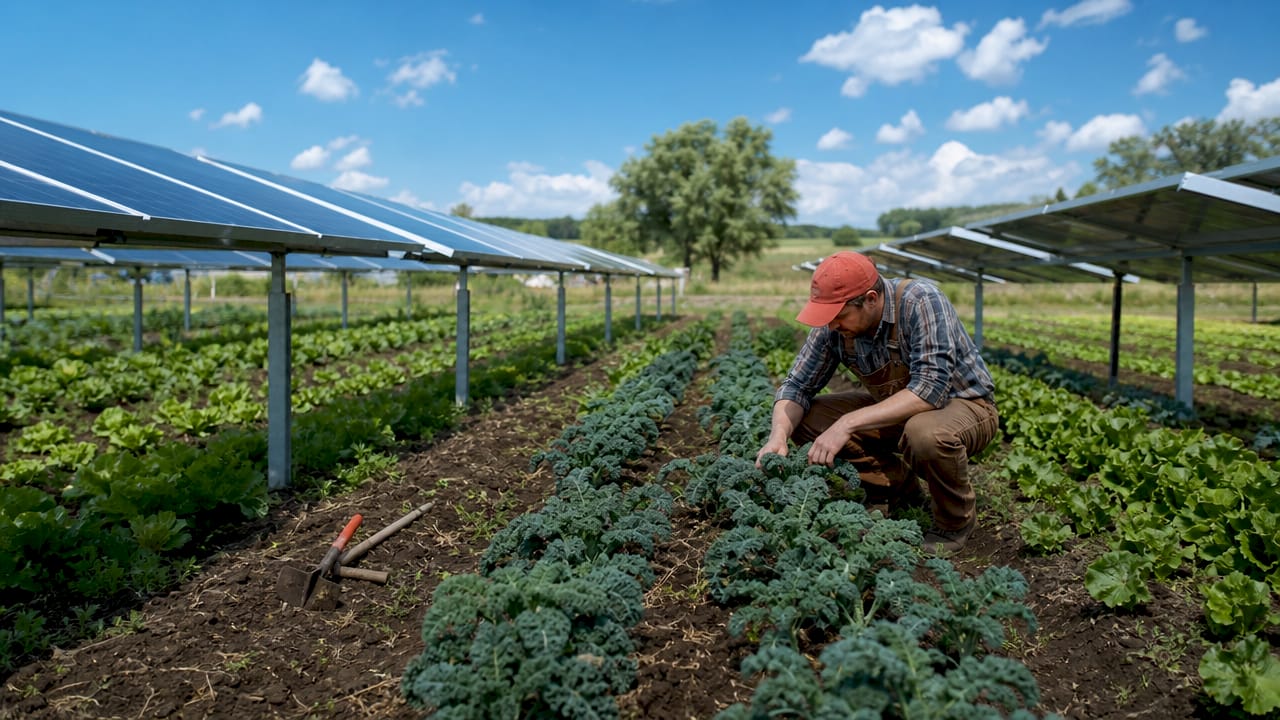Farm worker inspecting crops between solar panel rows