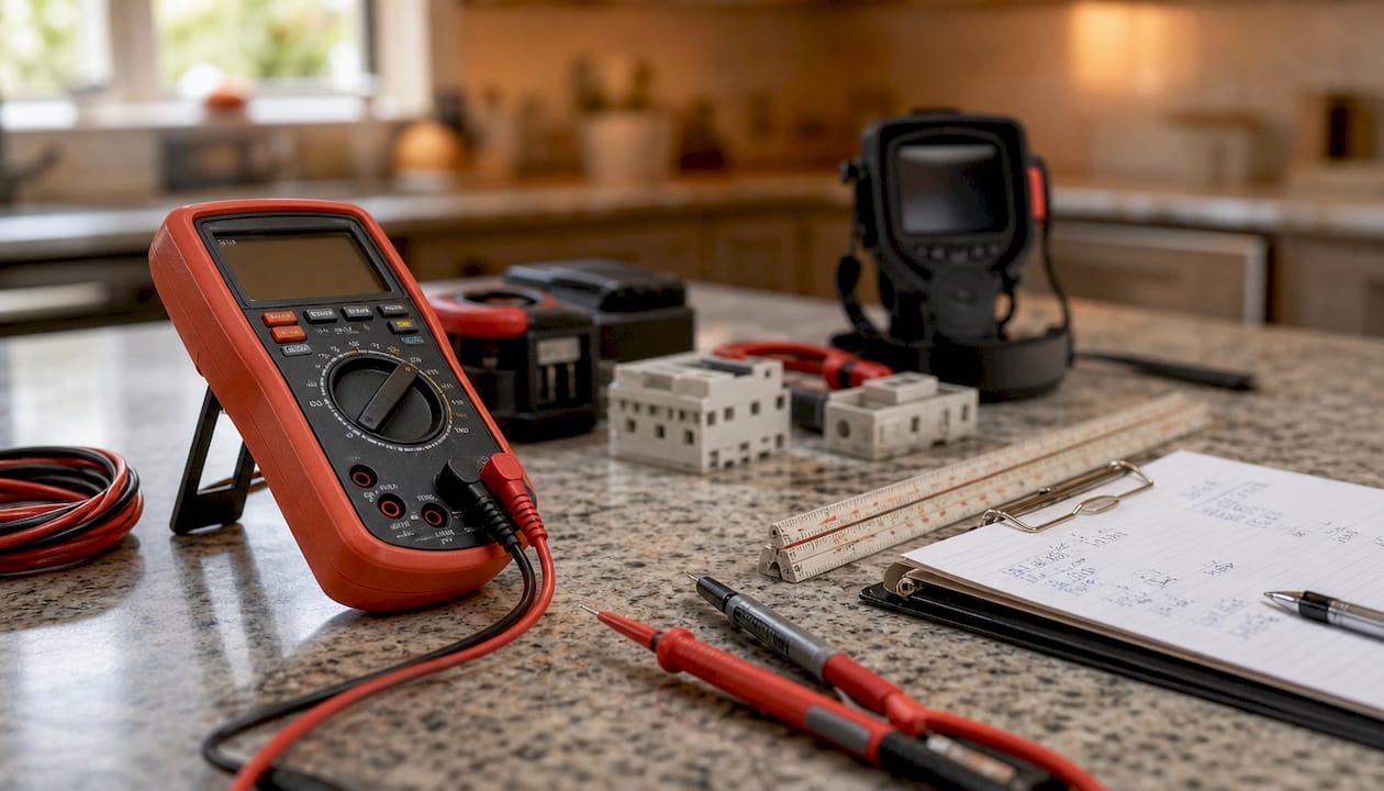 Close-up of solar voltage test tools on workbench