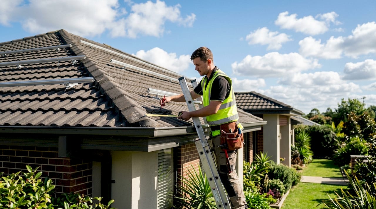 Installer measuring pitched roof for solar panels