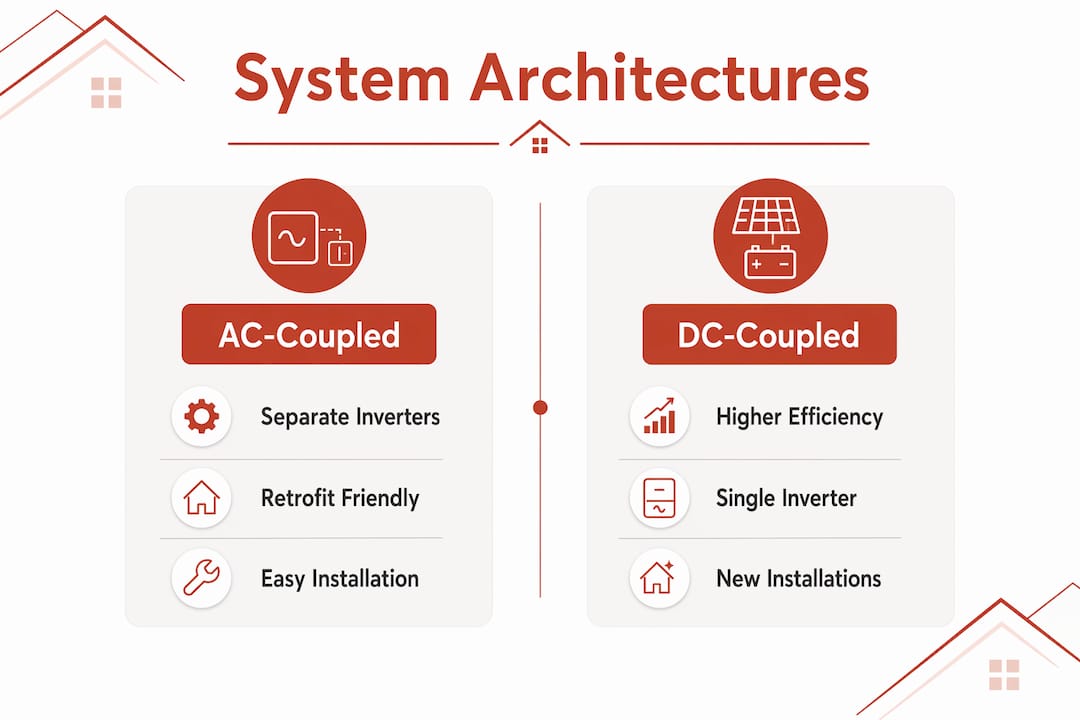Infographic comparing AC-coupled and DC-coupled solar systems