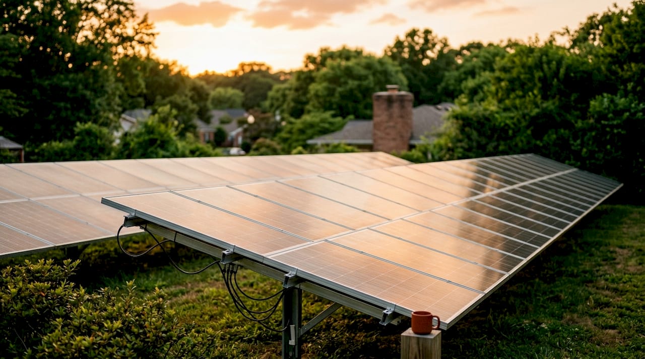 Solar panels reflecting sunlight near residential TV aerial