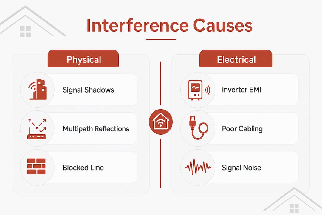 Infographic contrasting physical and electrical causes of aerial interference