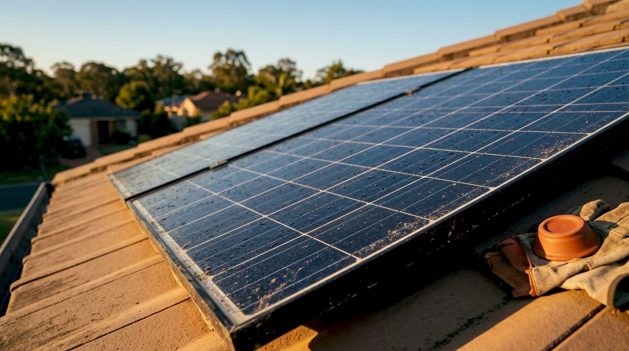 Close-up of solar panel in sunlight with dew and dust