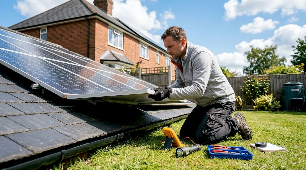 Technician inspecting solar panel cells for damage