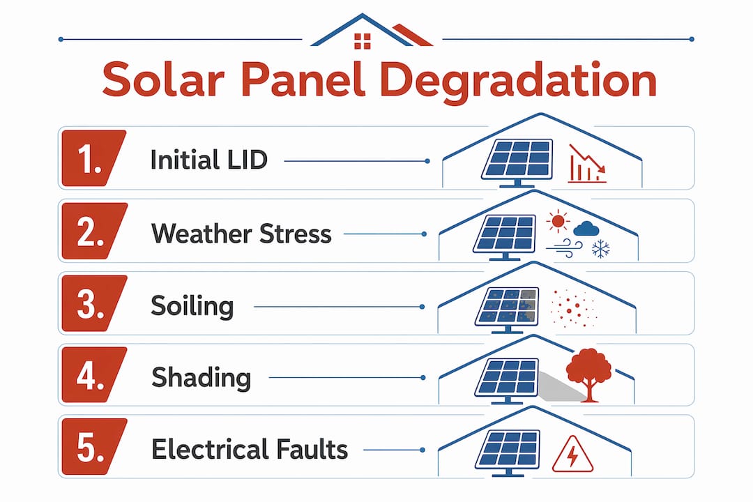 Infographic showing stages of solar panel efficiency loss