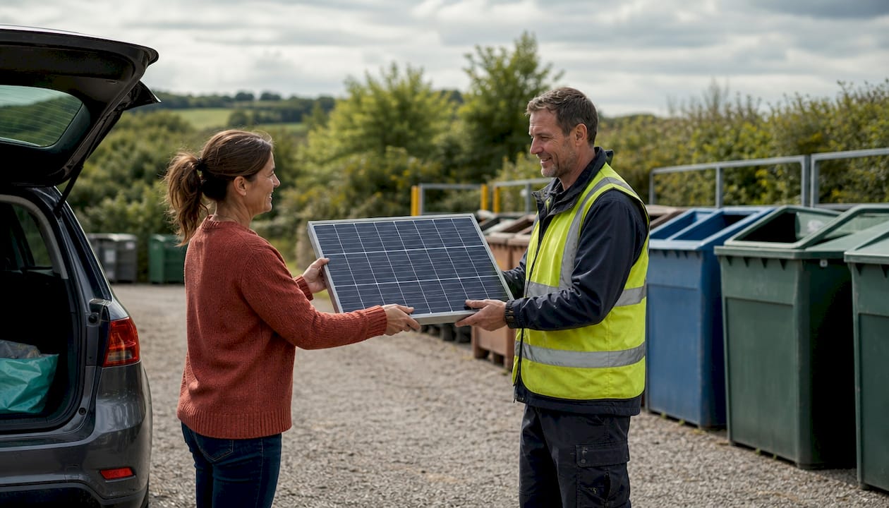 Homeowner handing solar panel at recycling centre