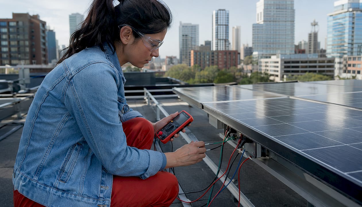 Engineer measuring solar panel wattage on rooftop
