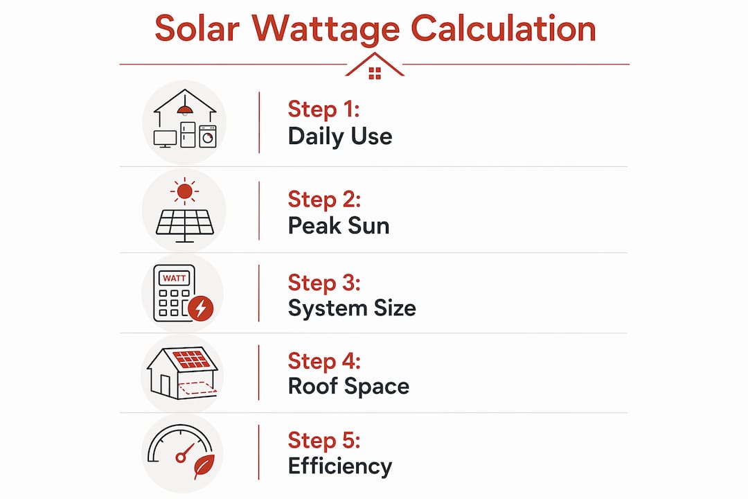 Infographic depicting steps to calculate solar panel wattage needed