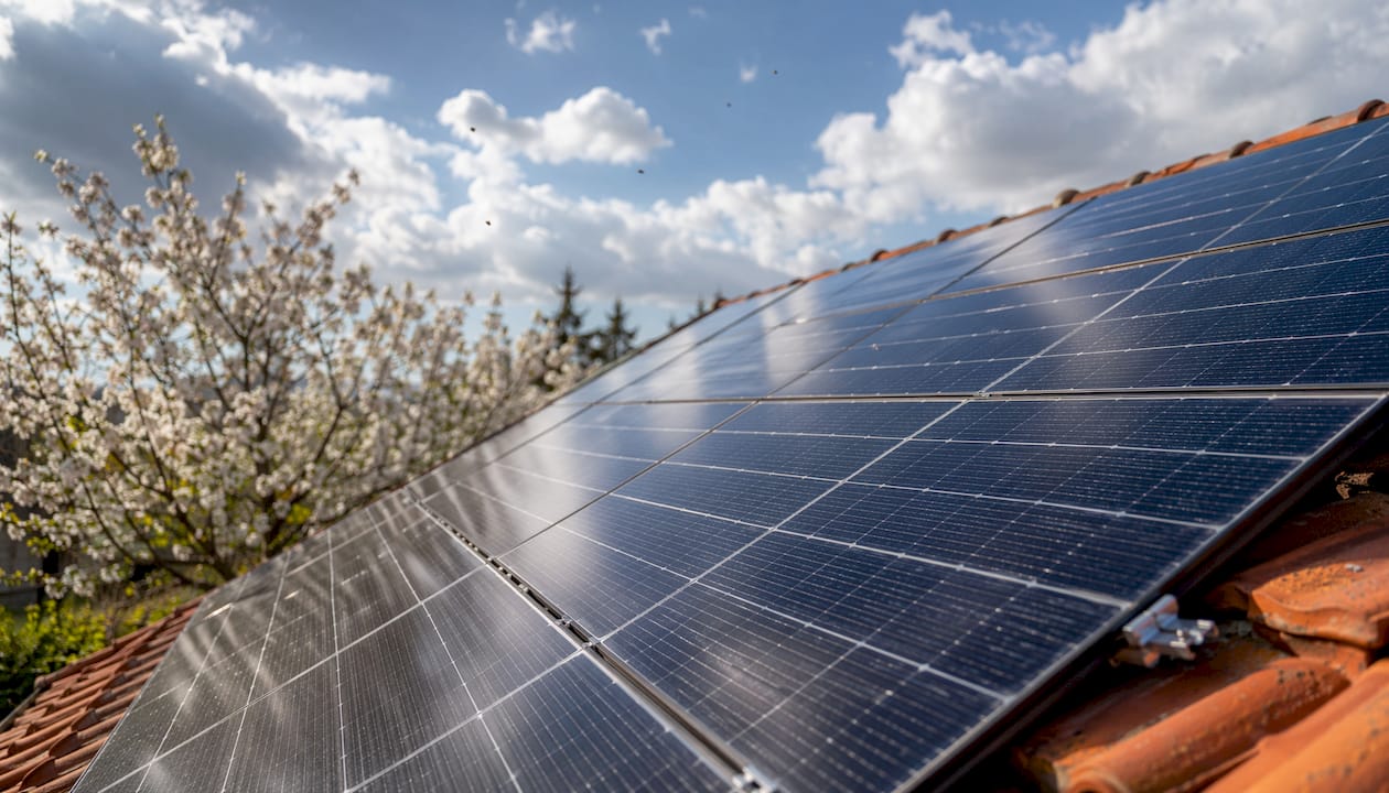Close-up solar panels outdoors showing sunlight exposure