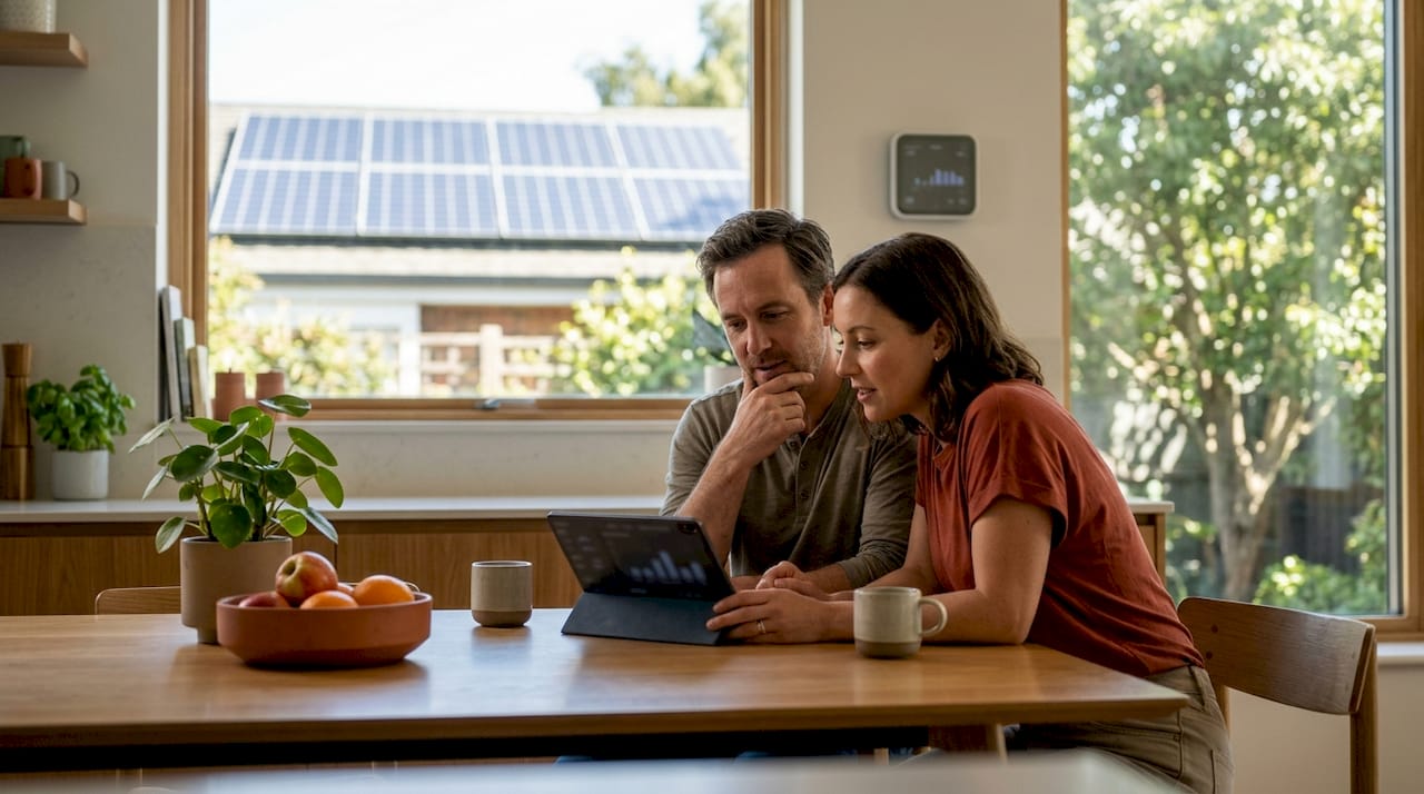 Couple reviewing energy usage with solar panels visible outside