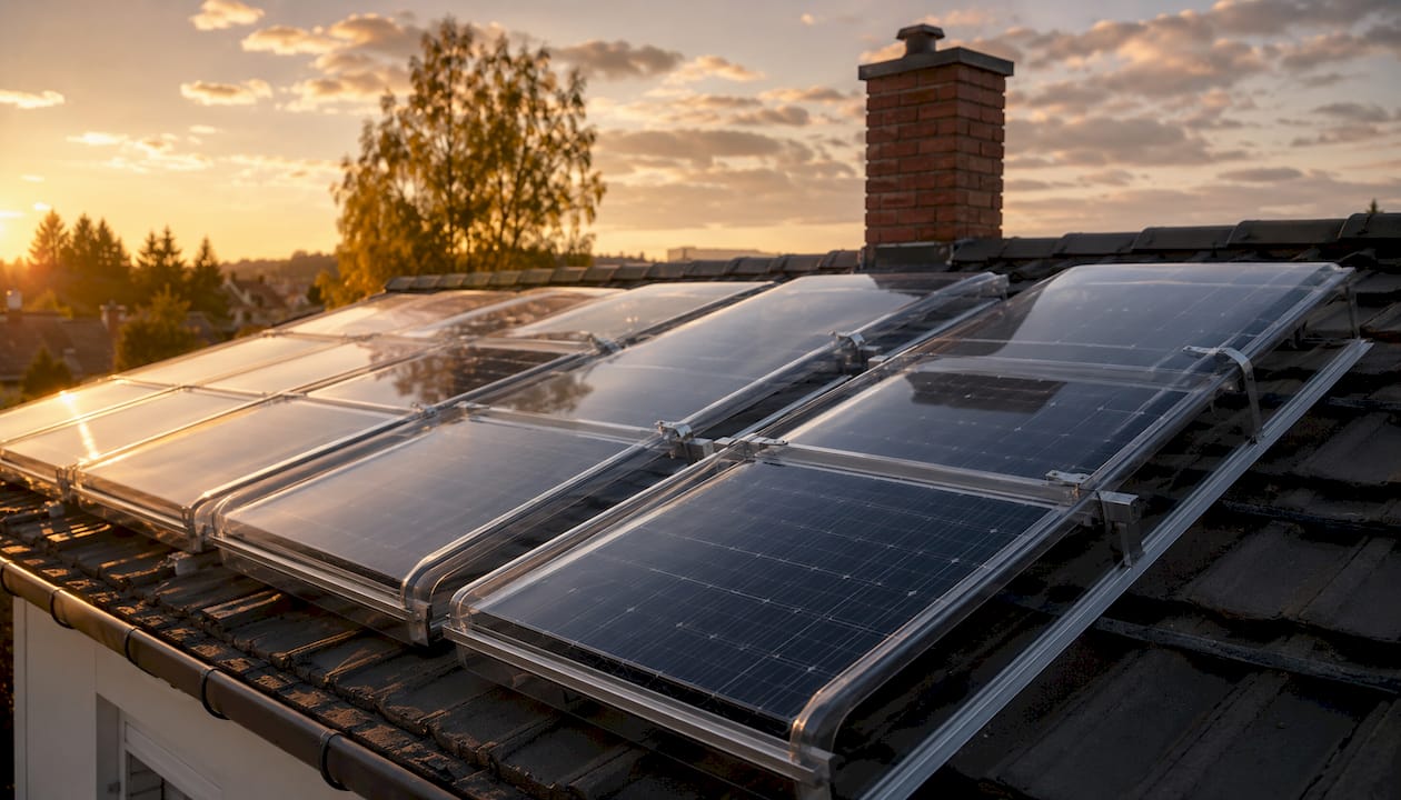 Solar panels with protective hail covers on rooftop