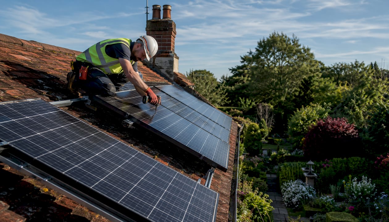 Solar panel installer working on residential roof