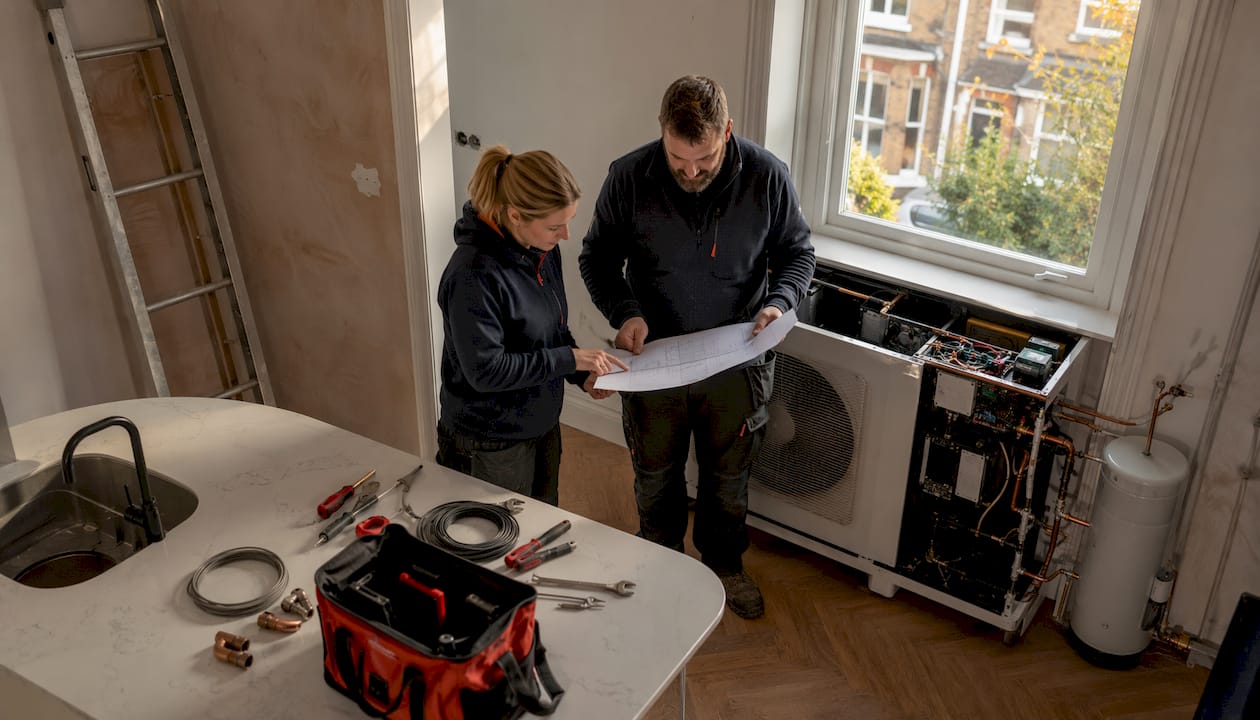 Tradespeople installing heat pump in UK home