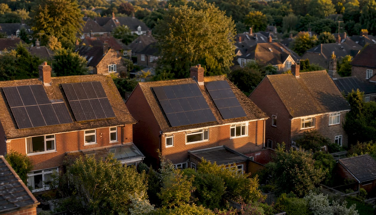 Aerial view of roofs showing solar panel orientation