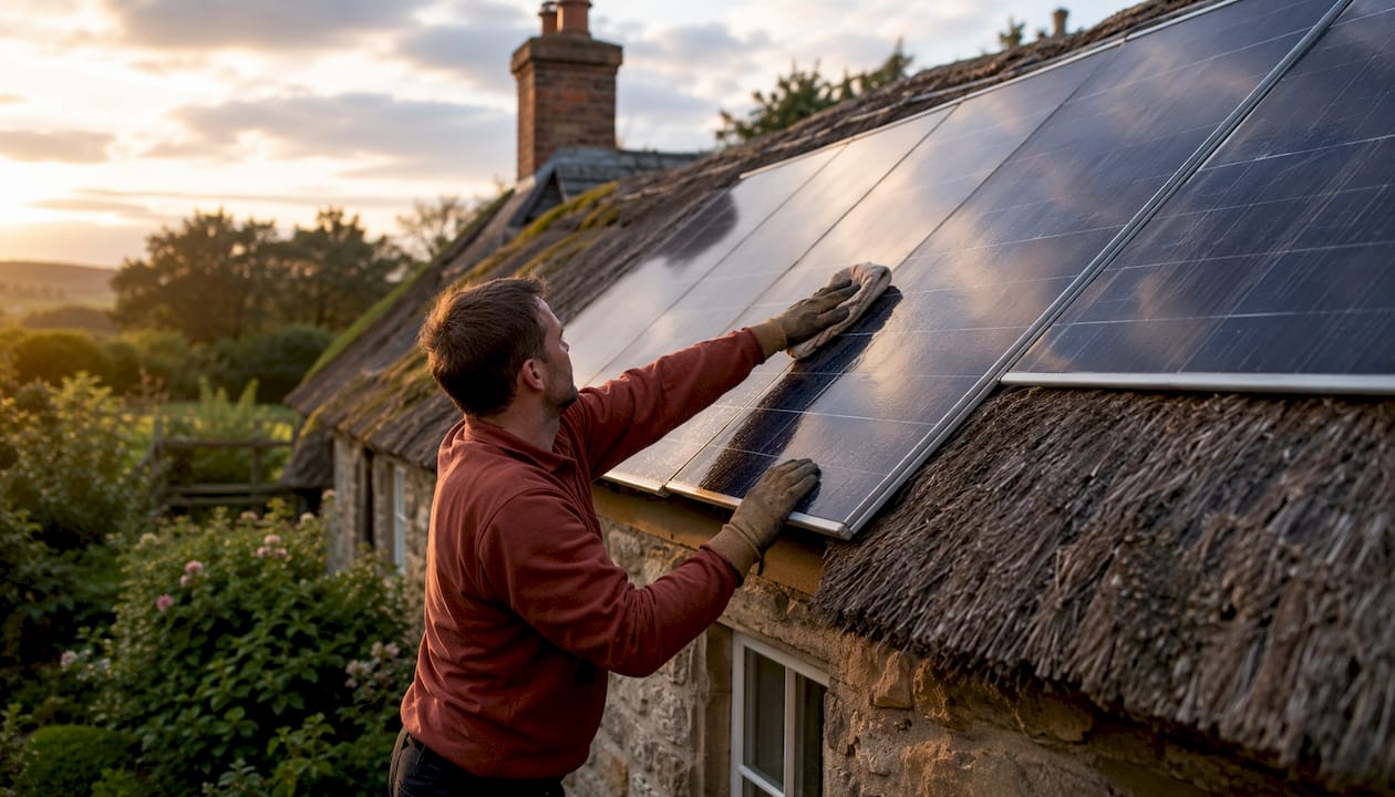 Gloved hands wiping solar panel with cloth
