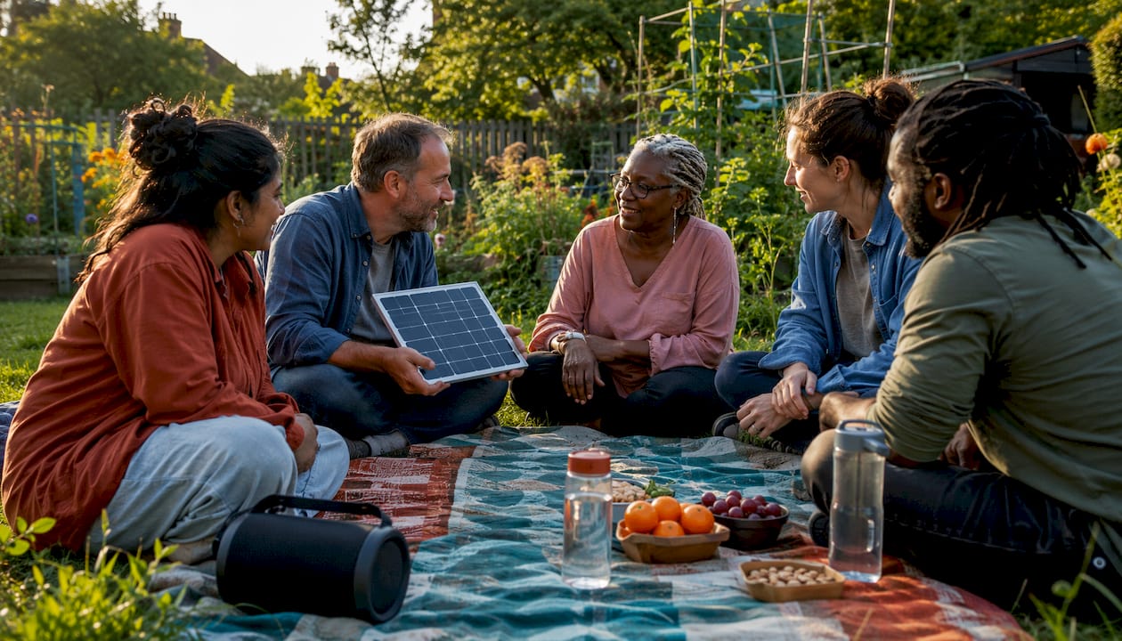 Diverse community group discussing solar schemes