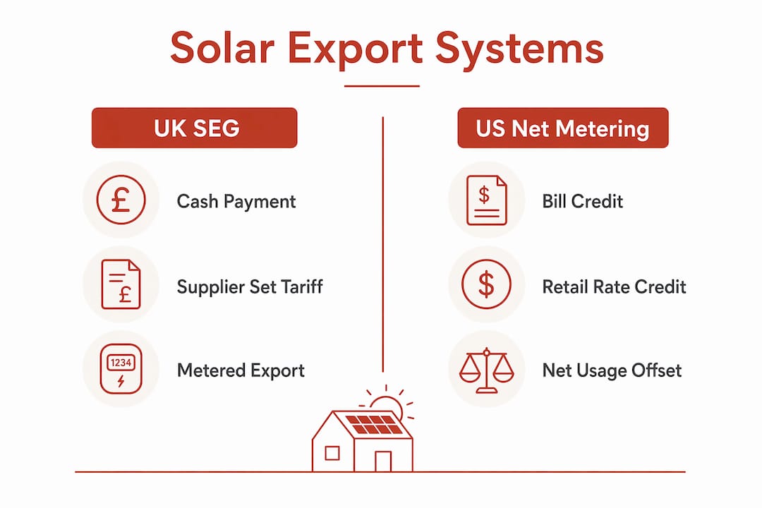Infographic comparing UK SEG and US net metering