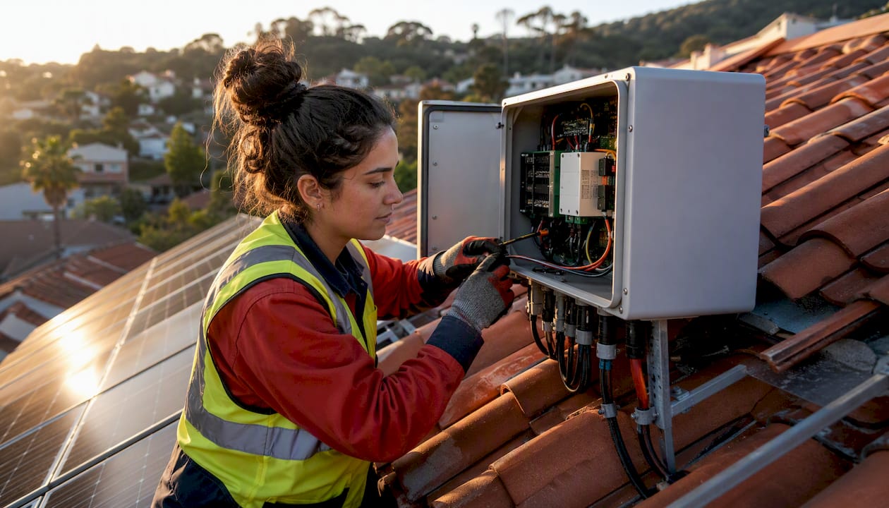 Technician wiring rooftop solar inverter components