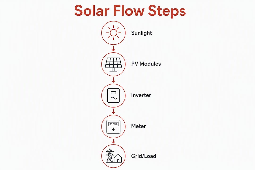Infographic showing key steps in solar energy flow diagram