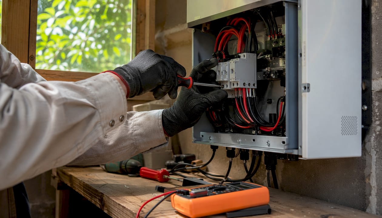 Electrician installing surge protector in solar inverter