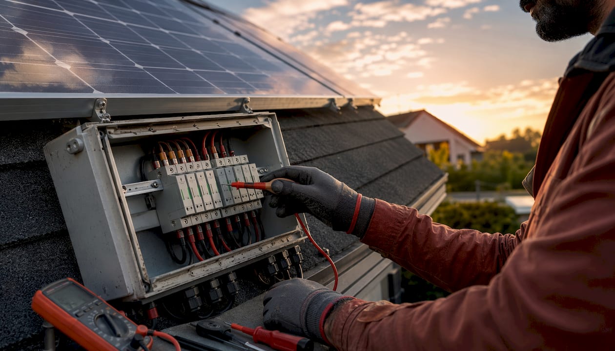 Close-up of surge protection devices on solar combiner box