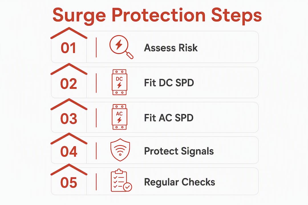 Infographic showing 5 steps of solar surge protection