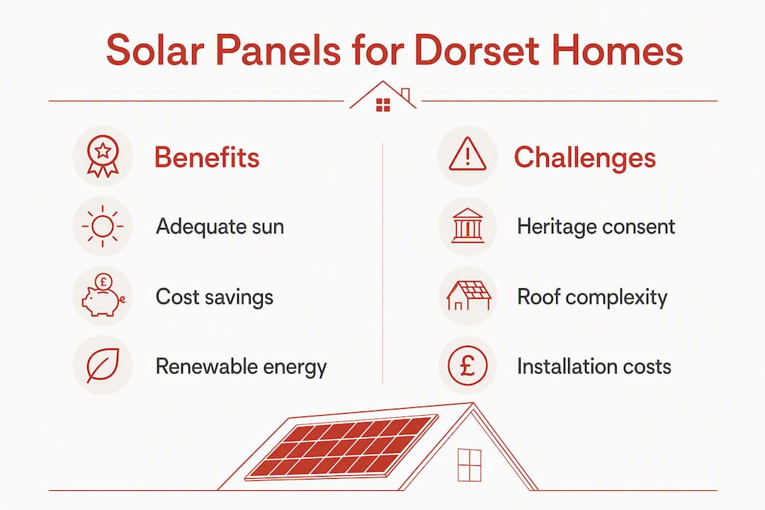 Infographic comparing solar panel benefits and challenges for Dorset period homes