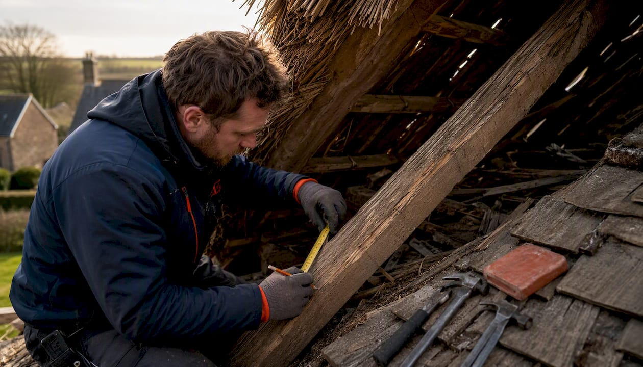 Installer measuring rooftop rafter for solar mount