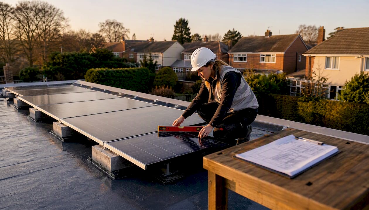 Engineer inspecting flat roof solar panel installation