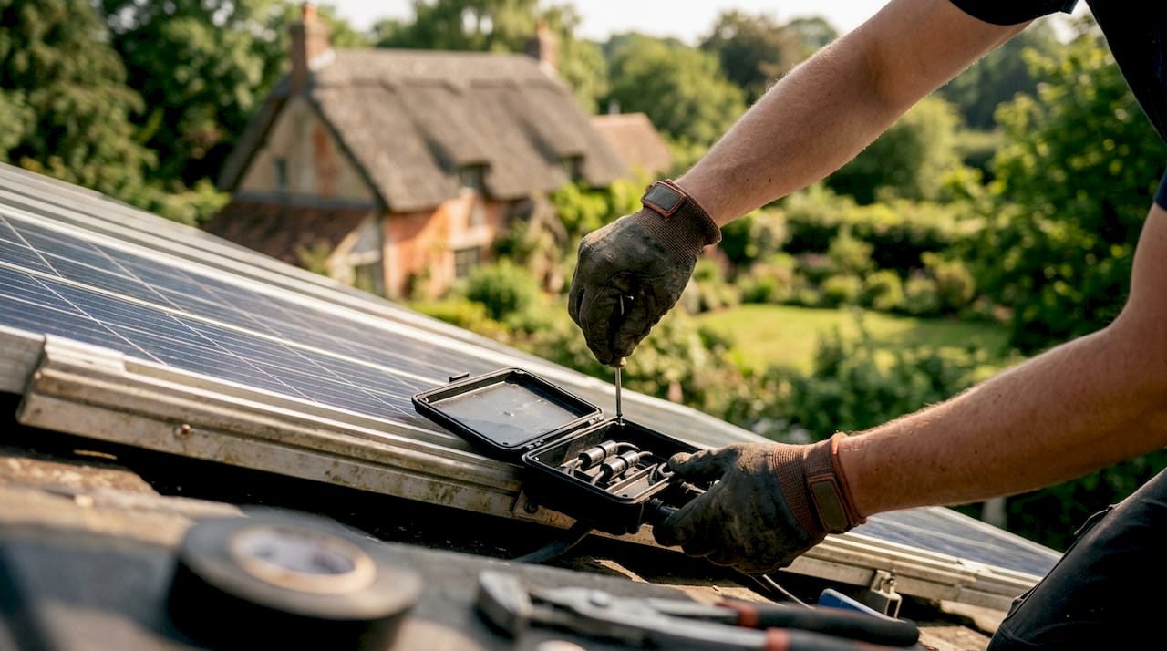 Installer hands opening solar panel junction box