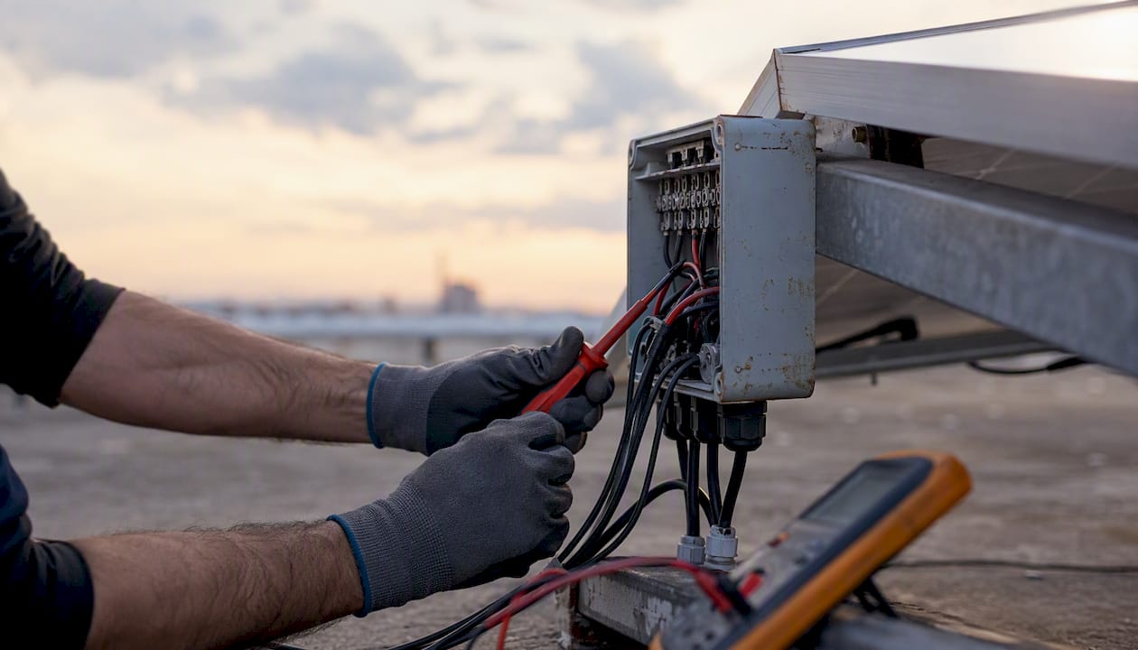 Hands wiring solar junction box with safety tools