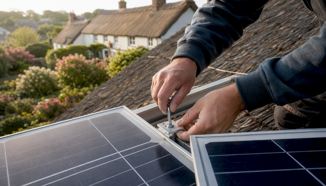 Installer adjusting clamp to maintain solar panel spacing