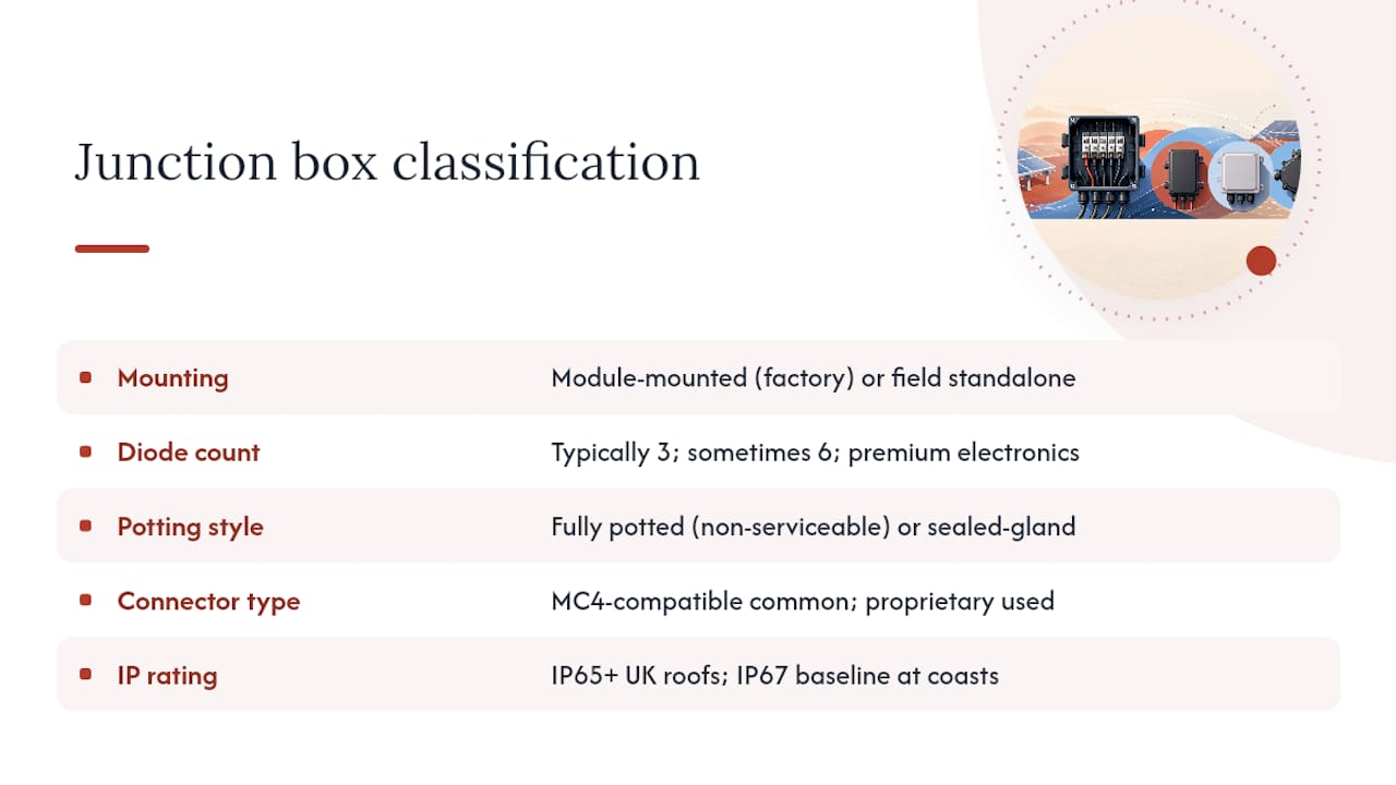 Diagram showing solar junction box classification types