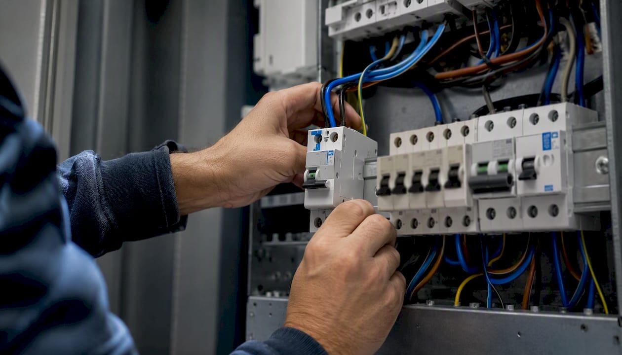 Hands wiring individual RCBO in consumer unit