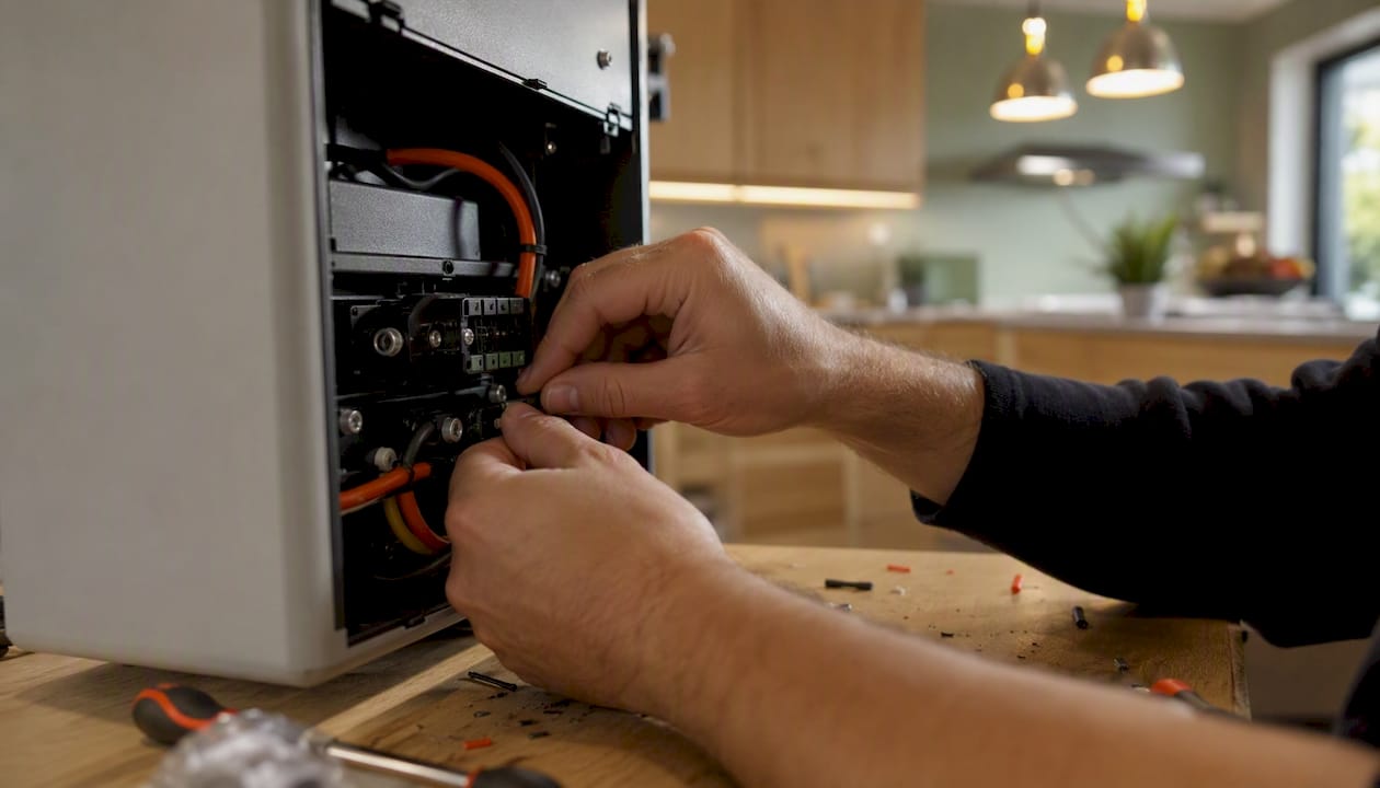 Technician wiring home battery storage unit